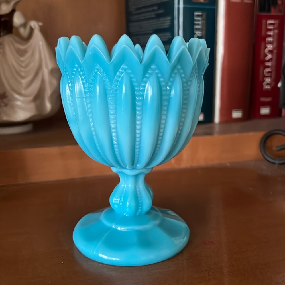 Portieux Vallerysthal Blue Opaline Beaded Pedestal Compote or Small Goblet